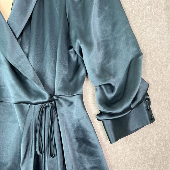 Cinq à Sept Teal Sabina Satin Wrap Mini Dress Size 12 - Picture 6 of 11